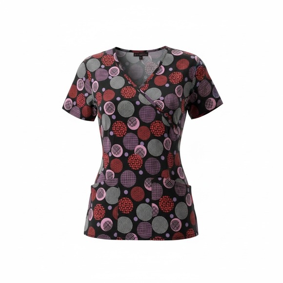 Flex Tops - Flex Medical Scrub Top Women LG Geometric Dot Print V Neck Short Sleeve Pockets‎